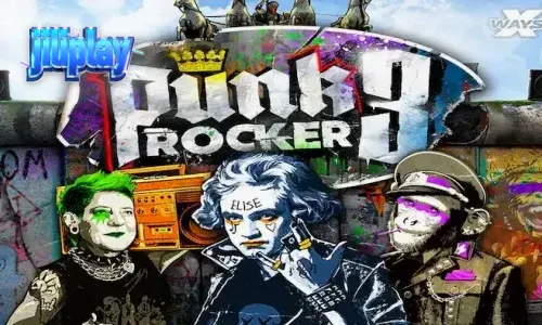 Punk Rocker 3 slot game interface na nagpapakita ng Berlin-inspired na disenyo at mga reels.